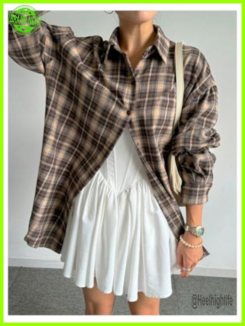 Oversized Plaid Button Down Shirt Long Sleeve Collared Blouse - Picture 5 of 6